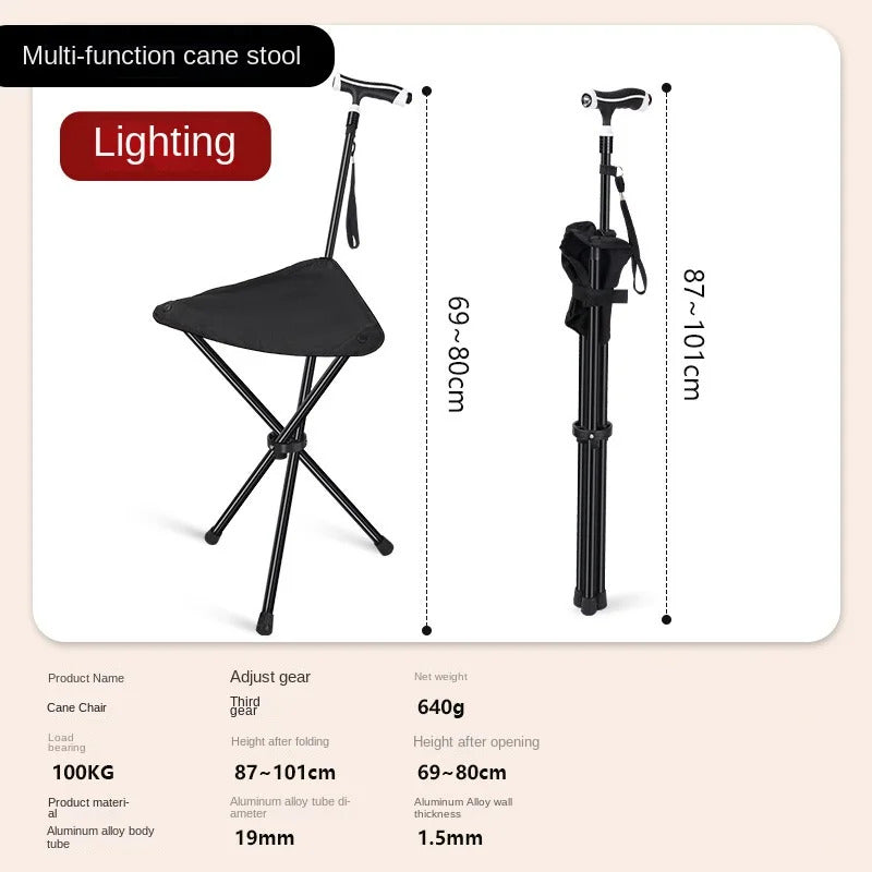 Cane with Stool Folding Aluminum Alloy for Hiking Elderly Non-Slip Cane with Seat Non-Slip Outdoor Furniture with LED Light